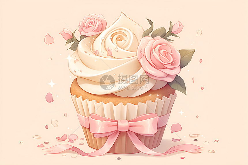 玫瑰奶油蛋糕上的丝带图片