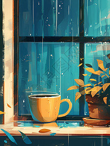 咖啡屋里细雨打击着窗户图片