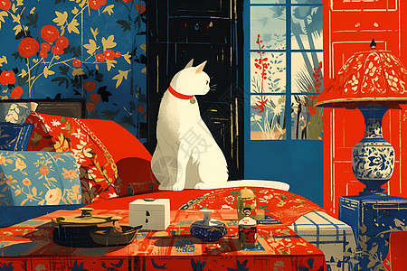 红墙白猫插画图片