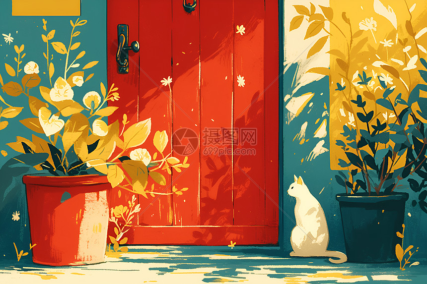 猫咪与红门的艺术插画图片