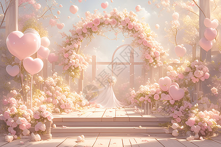 婚礼现场布置房屋内的花束和气球插画