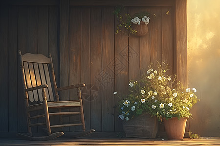 木屋前的花盆和椅子图片
