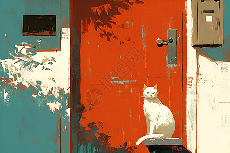 红门前的可爱白猫图片