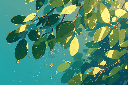 树枝绿叶上的水滴图片
