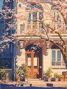 城市建筑下的樱花树图片