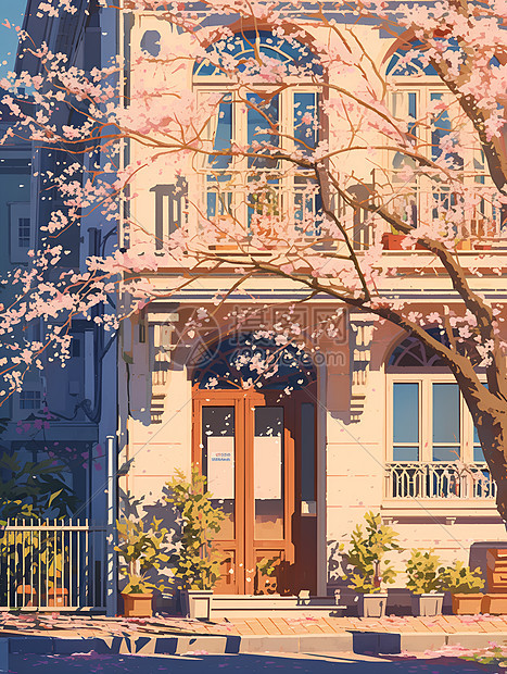 城市建筑下的樱花树图片