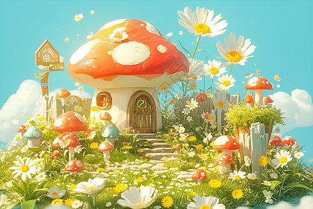 蘑菇屋花海美丽童话屋高清图片