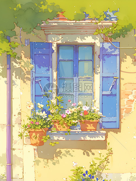 春日窗台花卉图片