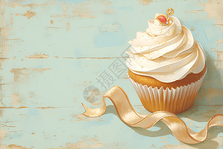 奶油蛋糕旁的金色丝带图片