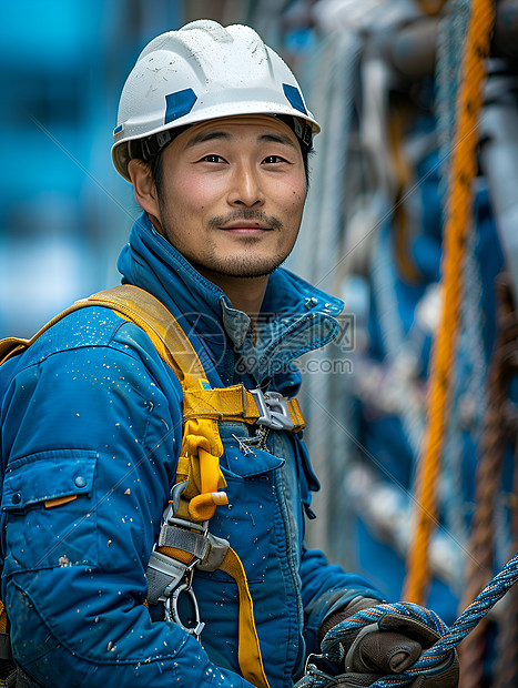 扣着防护绳的工人图片