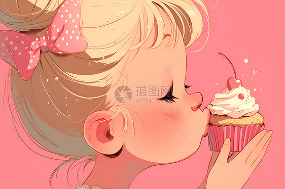 小女孩亲吻蛋糕图片