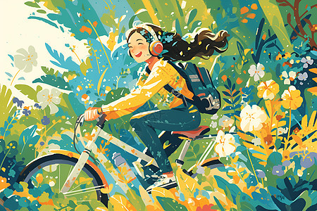 少女在花丛中驾自行车图片