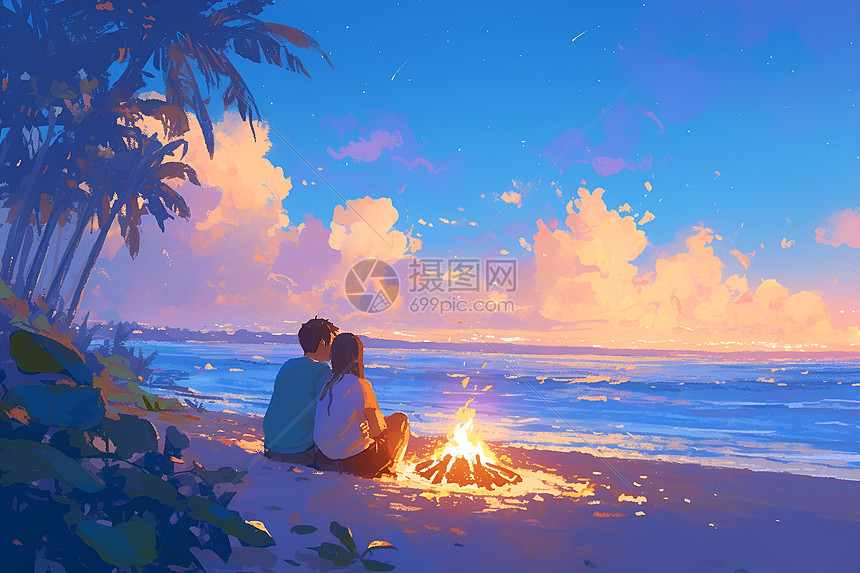 海滩篝火旁的情侣图片