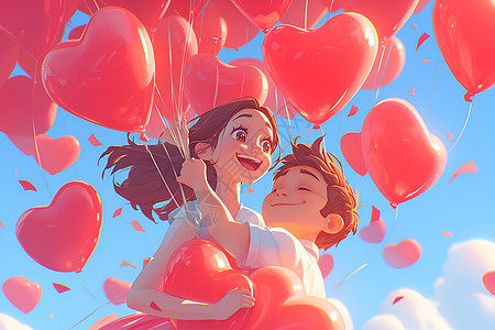 红心气球情侣手牵着红色心形气球插画