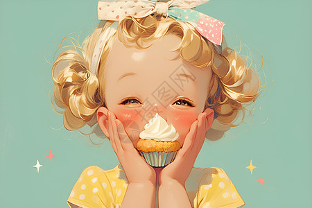小女孩享用杯子蛋糕图片