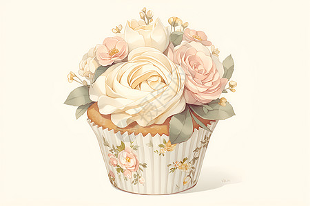 花卉梦幻细致描绘的杯子蛋糕插画