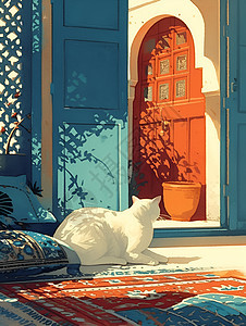 红地毯上的白猫图片