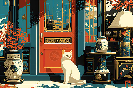 一只白猫坐在家中图片