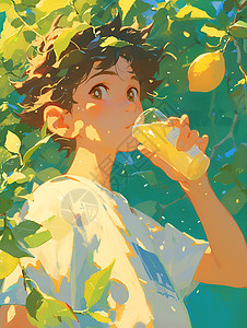男孩在果园里喝柠檬水图片