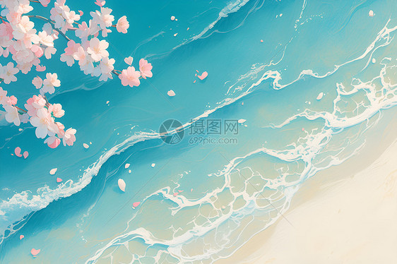 桃花树下的海滩图片