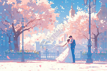 浪漫樱花树下的夫妻图片