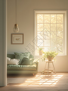 家具详情阳光透过窗户洒金客厅插画