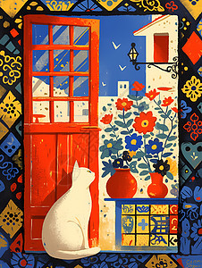 小猫坐在红色门前图片