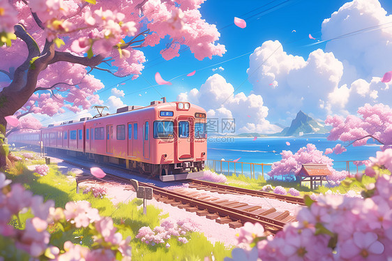 列车在盛开的樱花中穿行图片