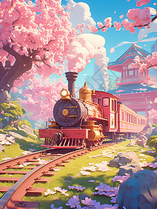 粉色列车穿过樱花树图片