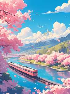 樱花下的粉色列车图片