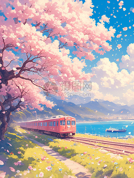粉色樱花列车浪漫之旅图片