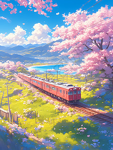 粉色樱花列车穿越梦幻乡村图片