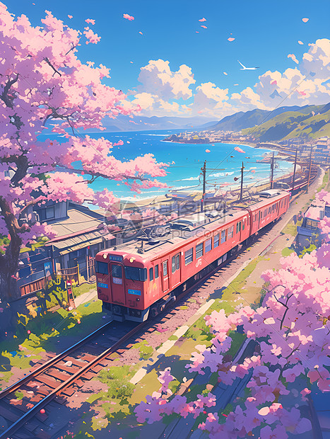 粉色火车在盛开的樱花中穿行图片