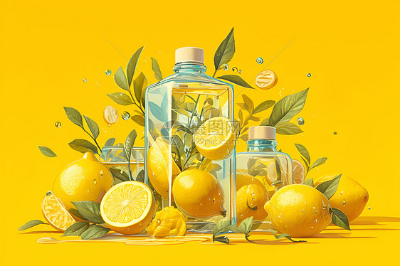 柠檬与玻璃瓶图片
