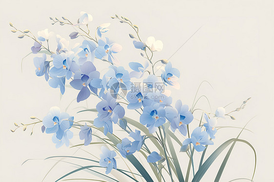蓝色兰花与白色花瓣的对比图片