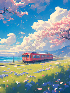 樱花树下经过的火车图片