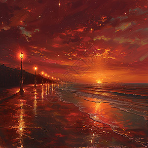 黄金余晖下的海滩夜幕图片