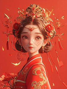 红裙少女唯美插画图片