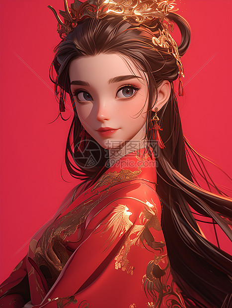 红衣少女的卡通插画图片