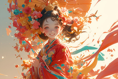 红衣少女优雅插画图片