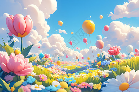 春日绚烂花海与气球图片