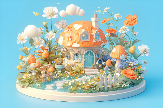 春日彩色花园中的小屋图片