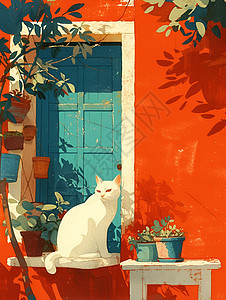 白猫坐在窗台前图片