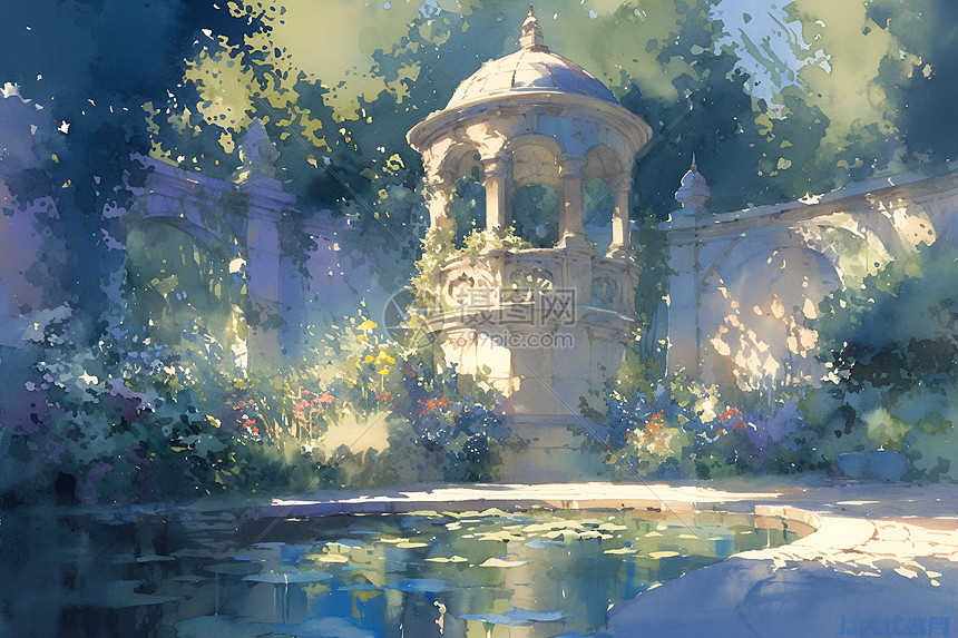 宁静水彩画的花园风景图片