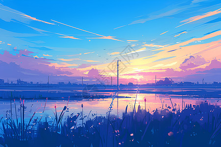 傍晚湖畔的夕阳绘画图片