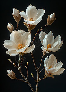 黑色背景上的白色木兰花图片