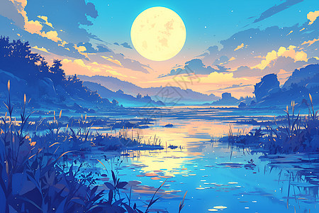 静谧河流的夜晚风景图片