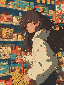 超市里购物的女孩图片