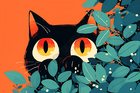 黑猫探头在绿叶丛中图片