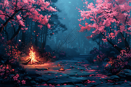 桃花林中燃起的篝火图片